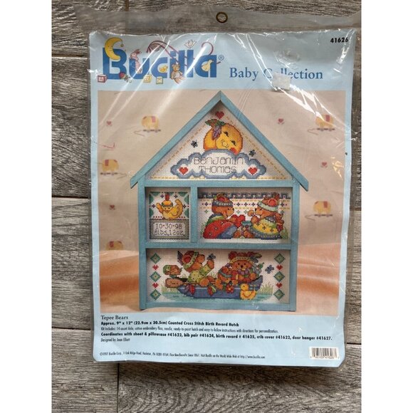Bucilla Counted Cross Stitch Birth Record Baby Collection Tepee Bears 41626 New - Picture 1 of 4